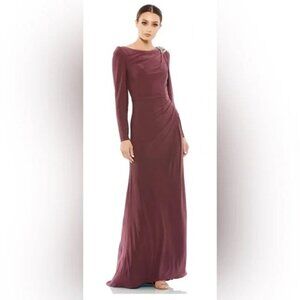 MAC DUGGAL Shoulder Brooch Boat Neck Jersey Maxi Gown Dark Mauve Size 12 NWT